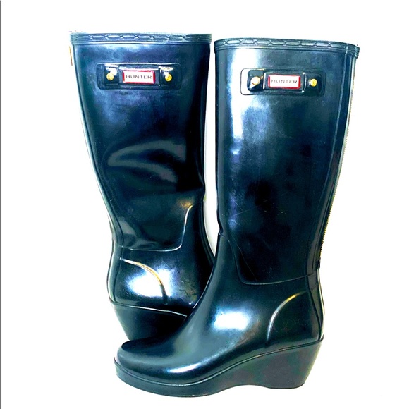 Hunter Glossy Wedged Rain Boots - Picture 1 of 7